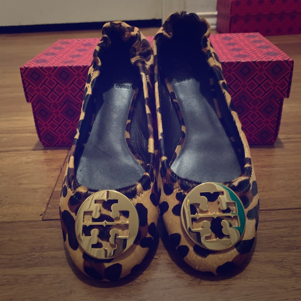 Tory Burch leopard Reva calf hair flat.